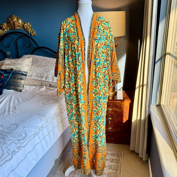 Yellow Orange and Blue Floral Boho 100% Cotton Kimono Robe - Picture 7 of 13
